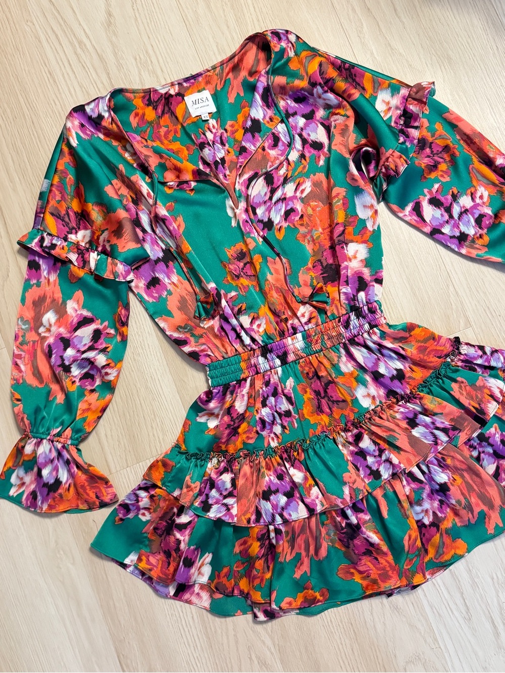 Misa Amalya floral ruffle mini dress tiered ruffle hem smocked waist LIKE NEW XS - Picture 6 of 12